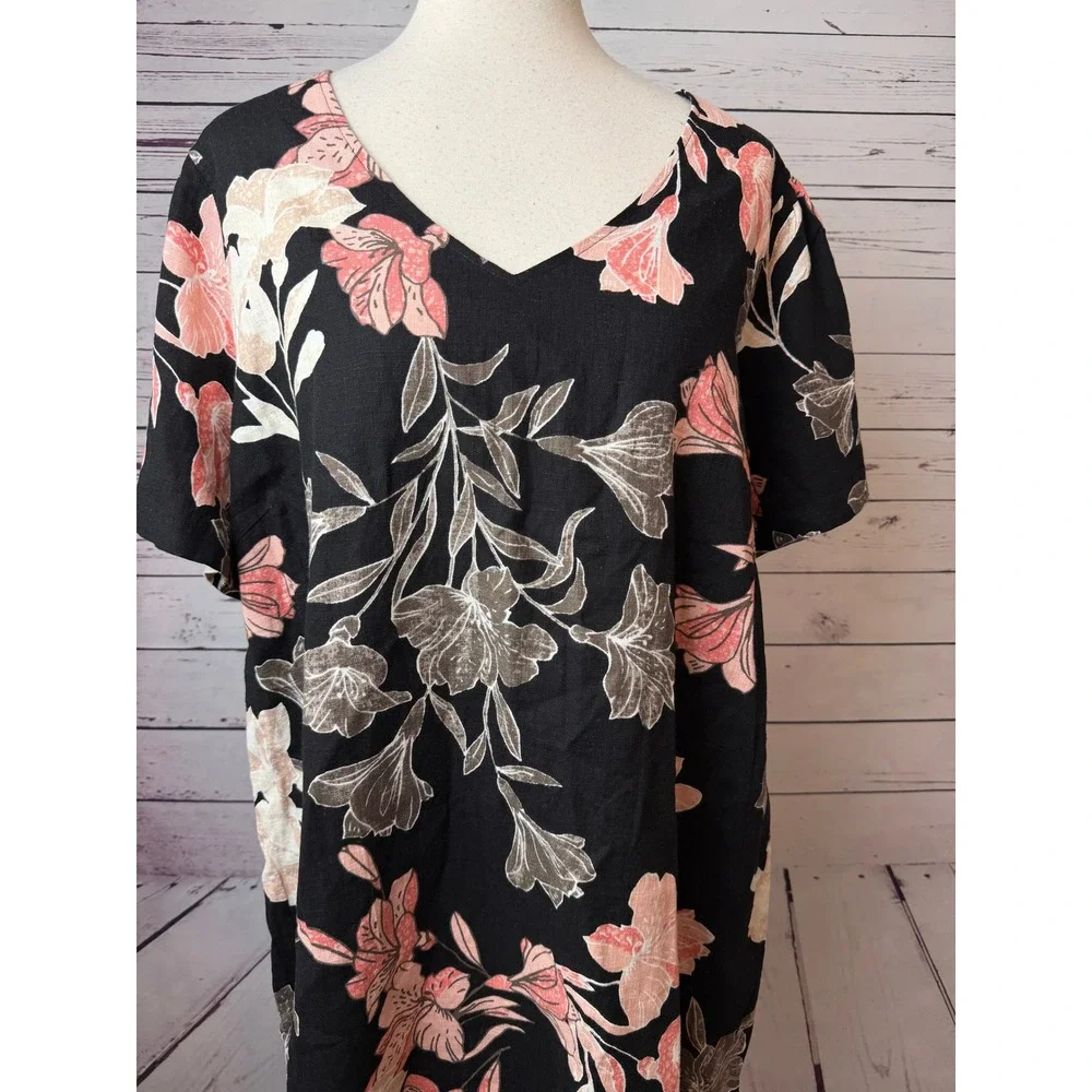Nicole Miller Floral Shift Dress XXL NWT 2XL Plus Size Linen V-Neck Short Sleeve